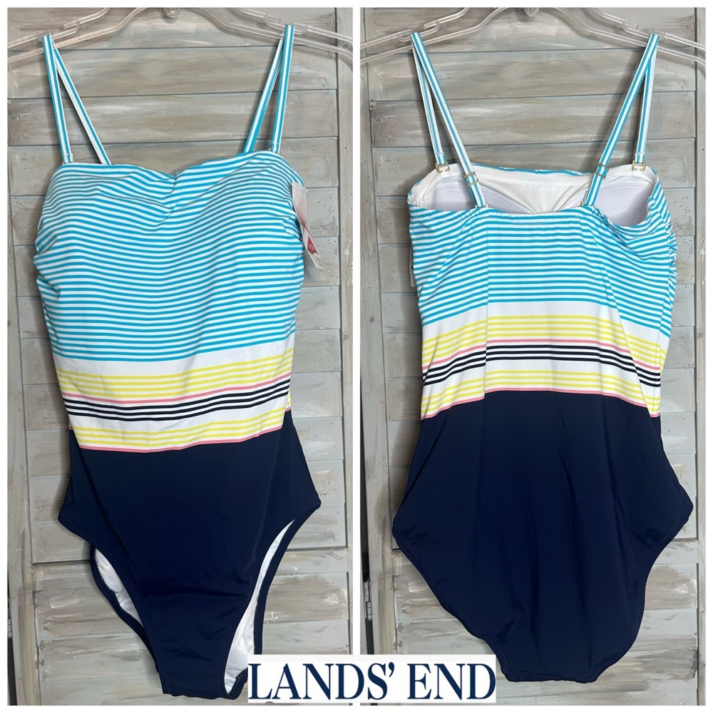 Lands’ End maillot removable straps 1 pc swimsuit sz 10 NWT blue solid + stripes
